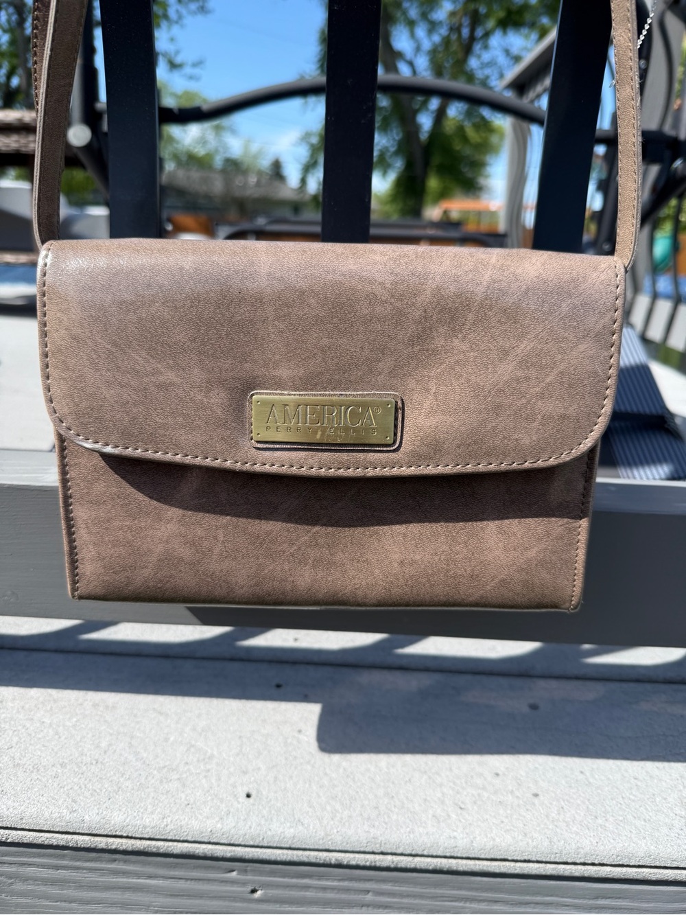 Perry Ellis Taupe Crossbody with Gold Plaque